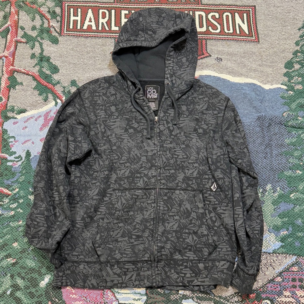 Volcom Mens Full Zip Hoodie Gray All Over Print Fleece Sweatshirt Size M